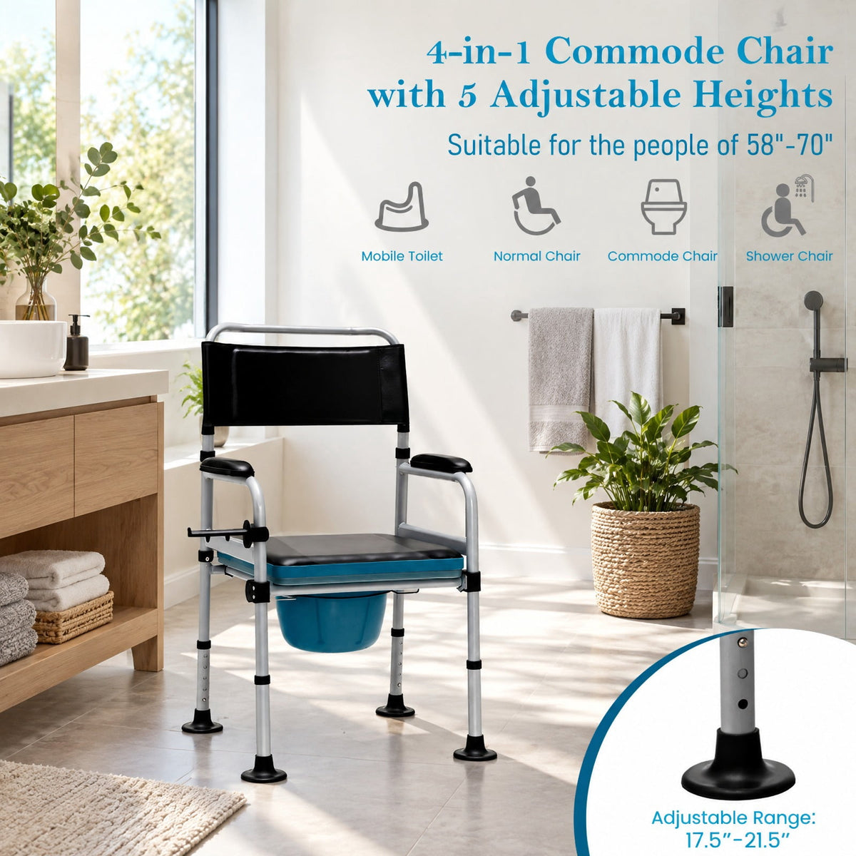 Airfind 4-in-1 Folding Bedside Commode Chair with Detachable Bucket and Towel Holder, 440 lbs Capacity, Carbonized Steel PVC Leather Frame, Silver