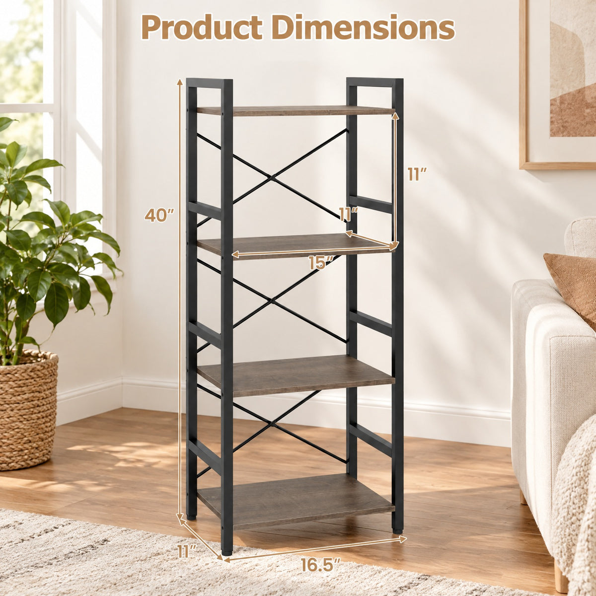 Airfind 4-Tier Bookshelf Narrow Freestanding Display Shelf with Metal Frame, 132 lbs Capacity, Engineered Wood Metal Frame, Rustic Brown + Black