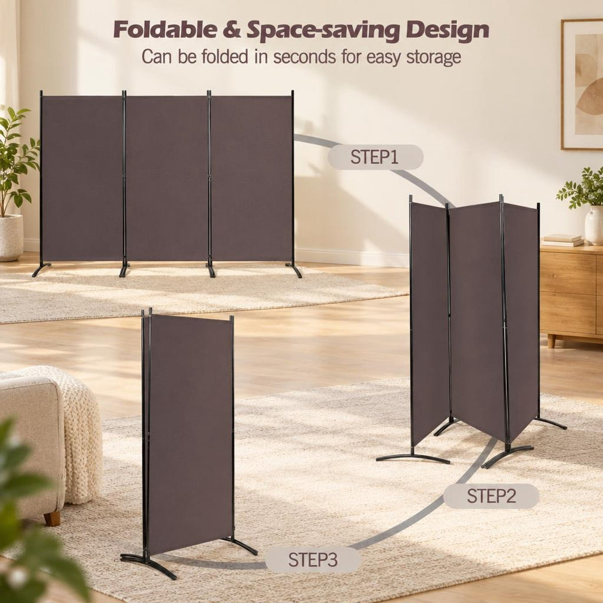 Airfind 3-Panel Room Divider Folding Privacy Partition Screen for Office Room, Polyester steel Opening Frame, 8.5 ft x 6 ft Footprint, Brown