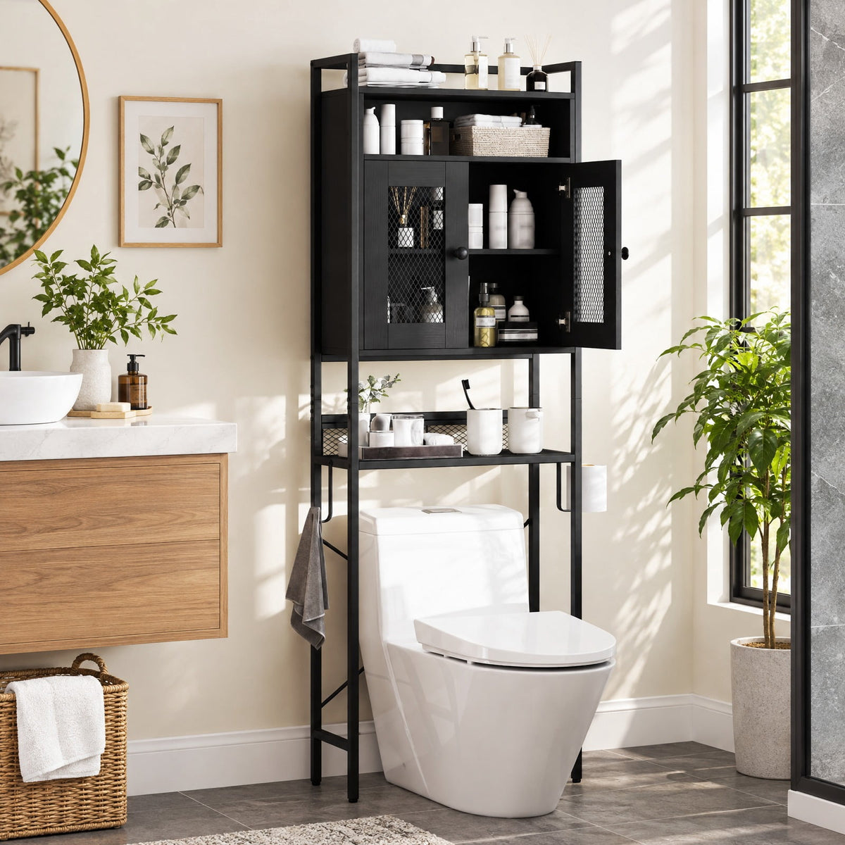 Airfind Over-the-toilet Storage Cabinet featuring Heavy-duty Metal Frame 2-door Freestanding, Engineered Wood Metal Frame, Black