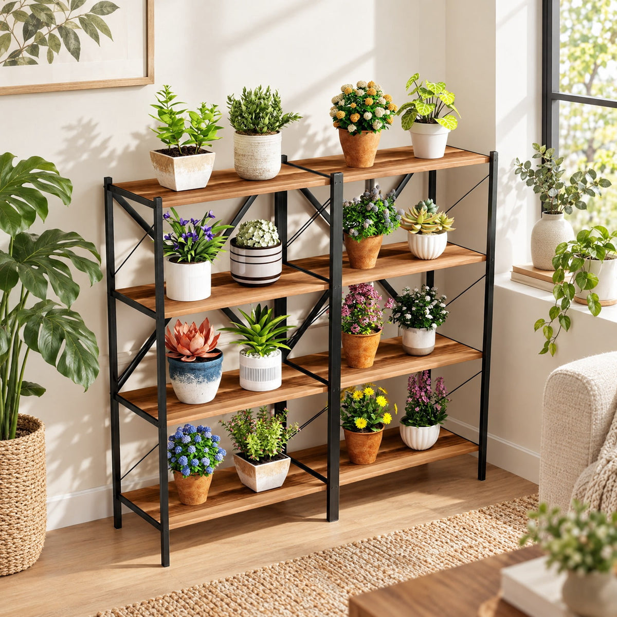 Airfind 4-Tier Bookshelf with Heavy-Duty Metal Frame, 5.5 lbs Capacity, Metal Engineered Wood Frame, Walnut