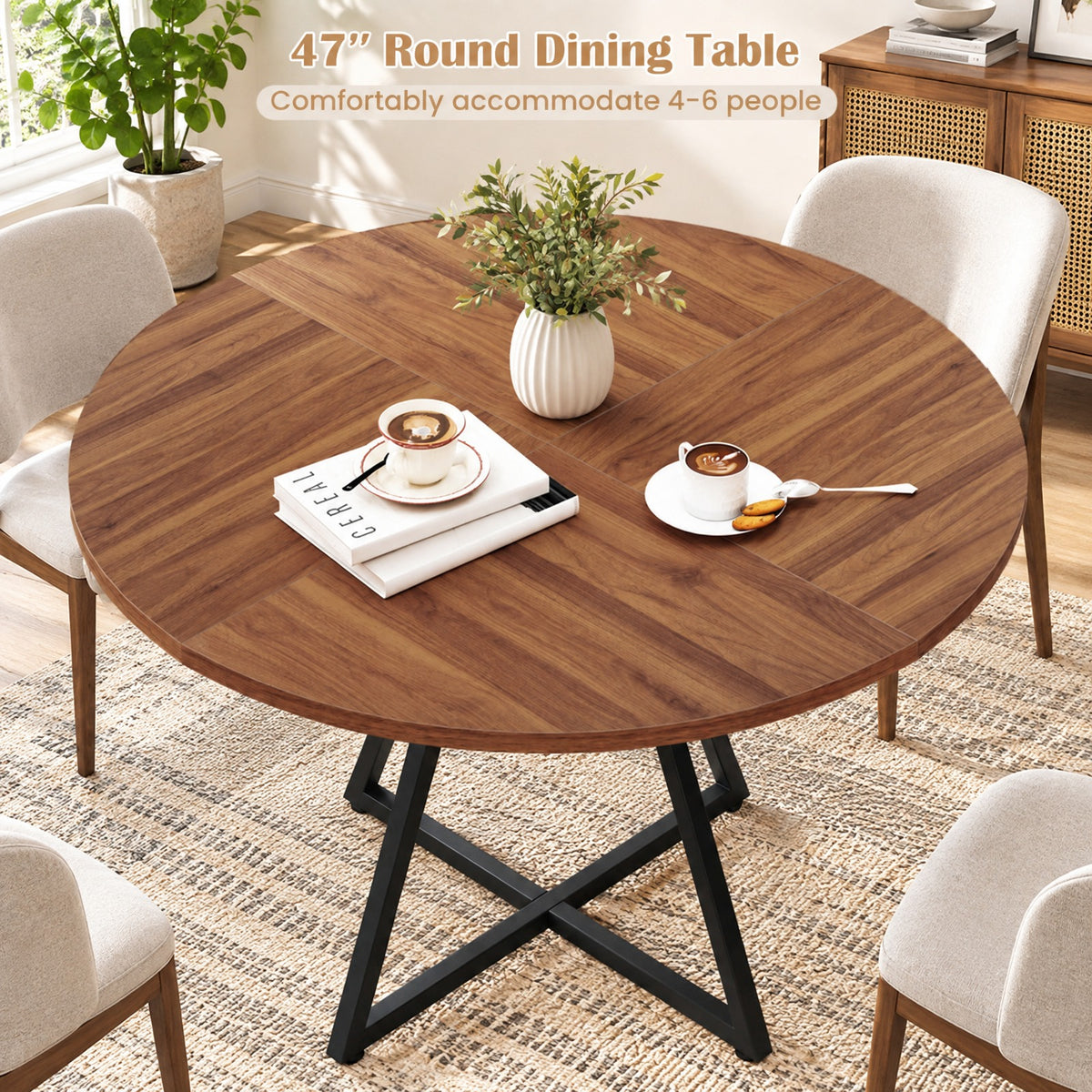 Airfind 47in Round Dining Table for 4 with Storage Shelf, 200 lbs Capacity, MDF Metal Frame, 47in x 30in Footprint, Brown