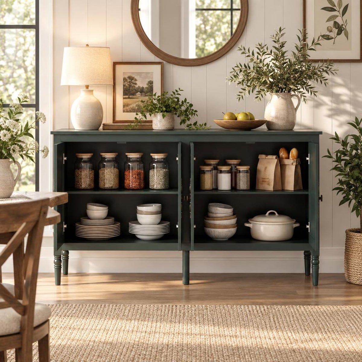 Airfind 58 Vintage Buffet Cabinet with Pine Wood Legs and Adjustable Shelves for Kitchen, 150 lbs Capacity, Engineered Wood Pine Wood Metal Frame