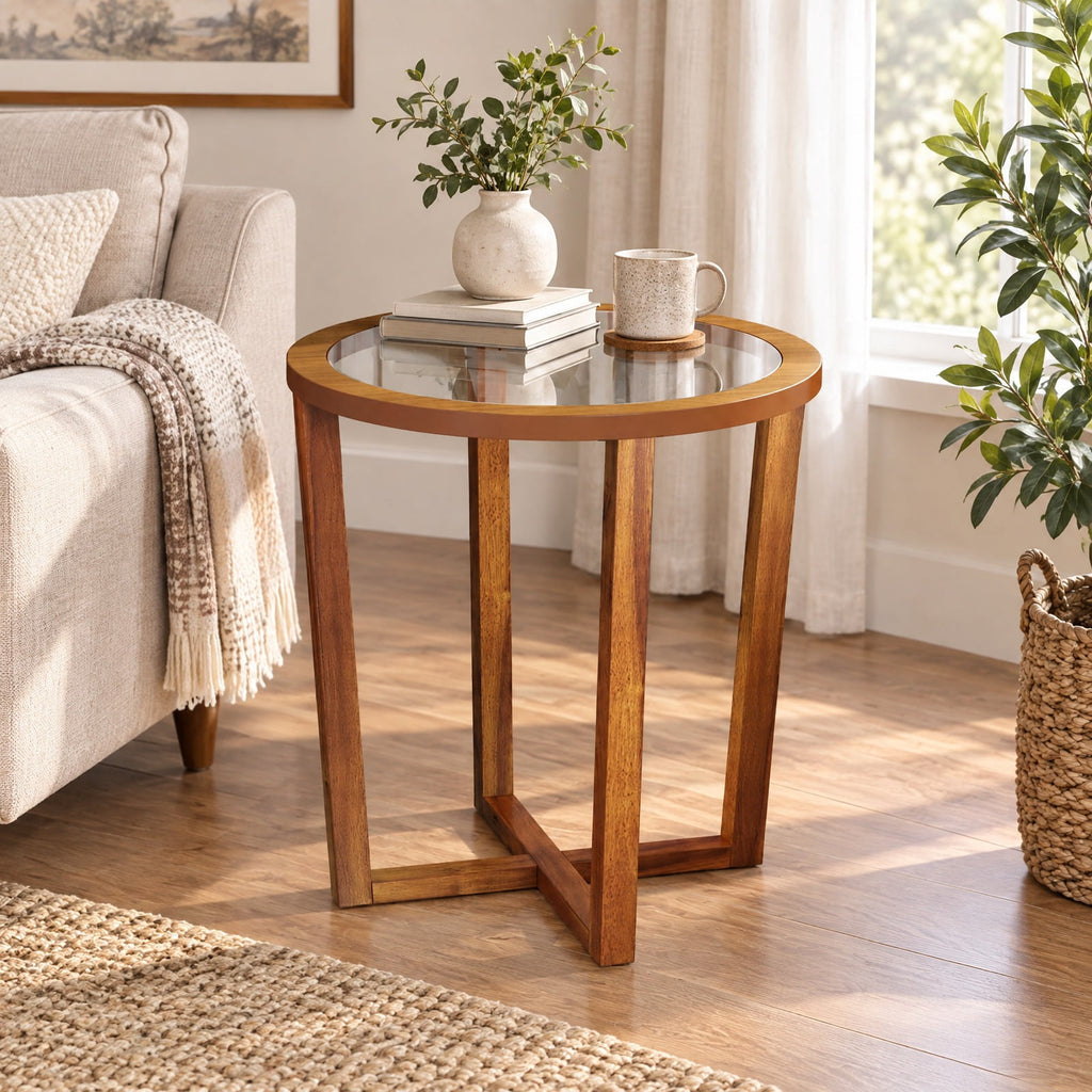 Airfind Modern Round End Table Sofa Side Table with Transparent Tempered Glass Top, 90 lbs Capacity, Tempered Glass Acacia Wood MDF Plywood Frame