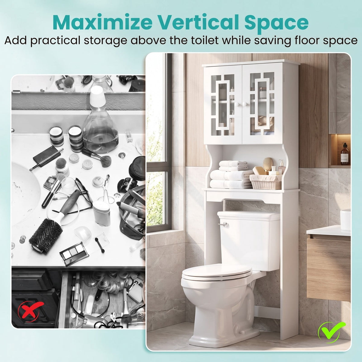 Airfind Bathroom Spacesaver Over the Toilet Door Storage Cabinet, 154 lbs Capacity, Engineered Wood Tempered Glass Frame, White