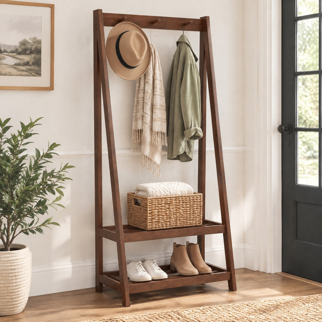 Airfind Freestanding Clothes Rack with 3 Hooks and 2 Shelves, 33 lbs Capacity, Rubber Wood Frame, 13 x 24 x 55 Footprint, Walnut