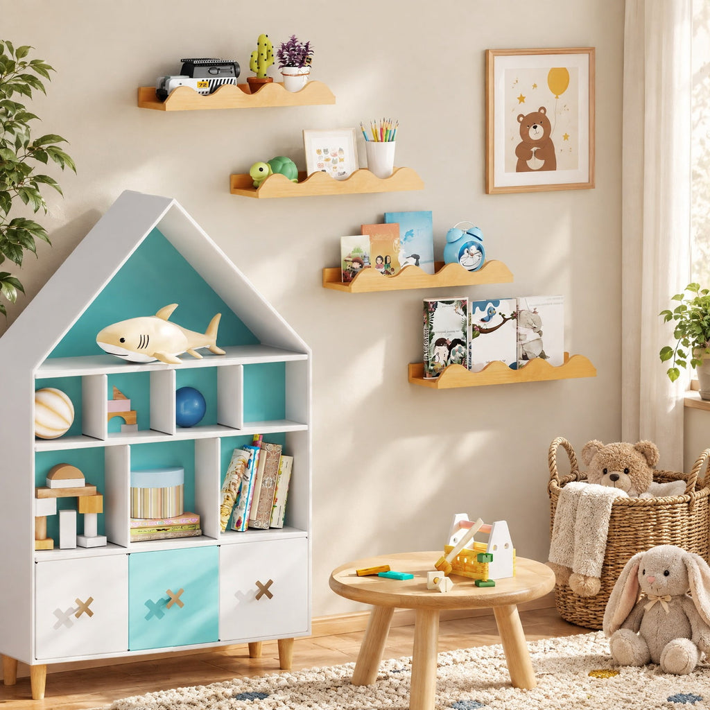 Airfind 16 Inch Kids Bookshelf Set of 4 Floating Nursery Book Shelves for Decoration Book Toy Storage, 11 lbs Capacity, Fir Wood Frame, Natural
