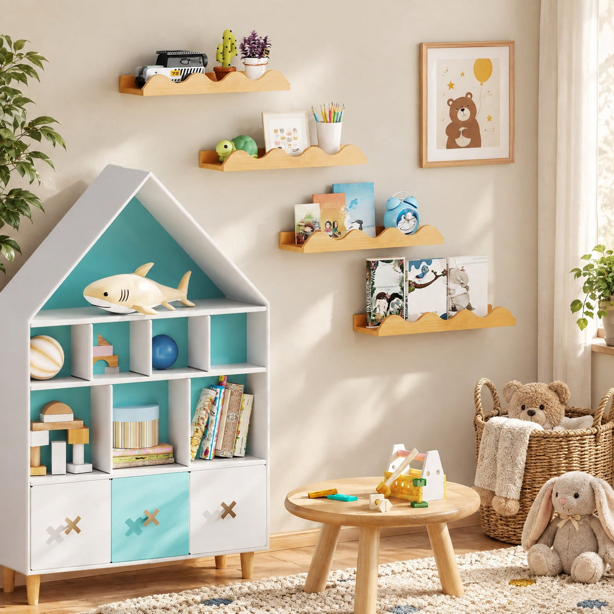 Airfind 16 Inch Kids Bookshelf Set of 4 Floating Nursery Book Shelves for Decoration Book Toy Storage, 11 lbs Capacity, Fir Wood Frame, Natural