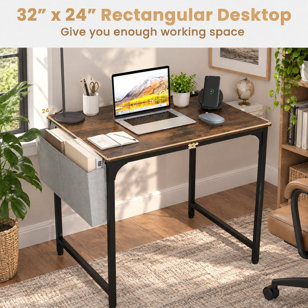 Airfind 32 Inch Home Office Desk with Charging Station Storage Bag and Headphone Hook, 210 lbs Capacity, Engineered Wood MDF Metal Fabric Frame