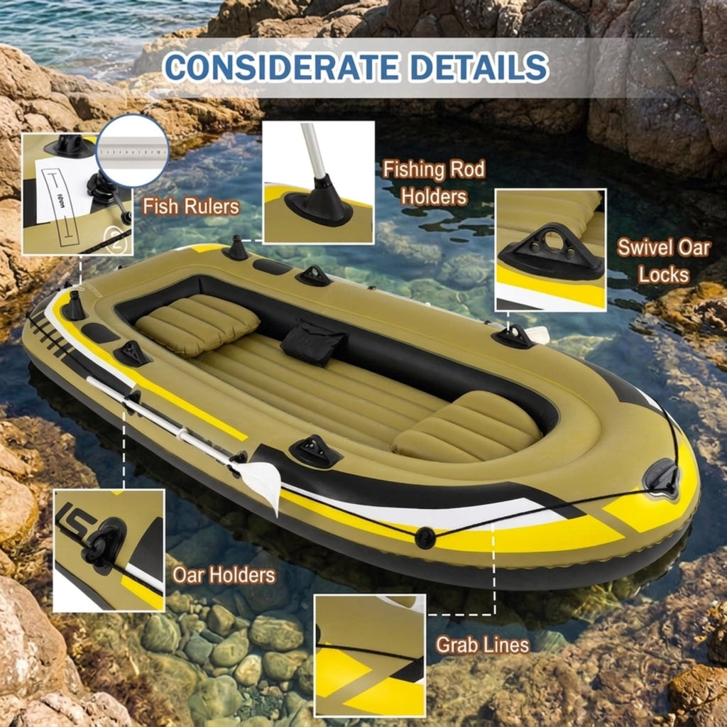 Airfind Heavy Duty Inflatable Fishing Boat 4 Person Raft Set with Aluminum Oars and Rod Holders for Fishing Drifting and Water Adventures, Green