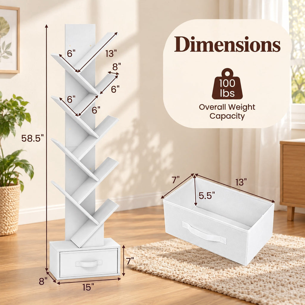 Airfind 10-Tier Bookshelf with Drawer Free-standing Storage Bookcase, 26.5 lbs Capacity, 13 x 7 x 5.5 (L x W x H)Overall Footprint, White