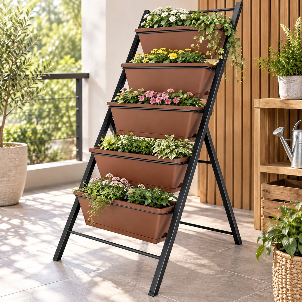Airfind 5-tier Vertical Garden Planter Box Elevated Raised Bed with 5 Container, PP Iron Frame, 22.5 x 29 x 48.5 Footprint, Brown