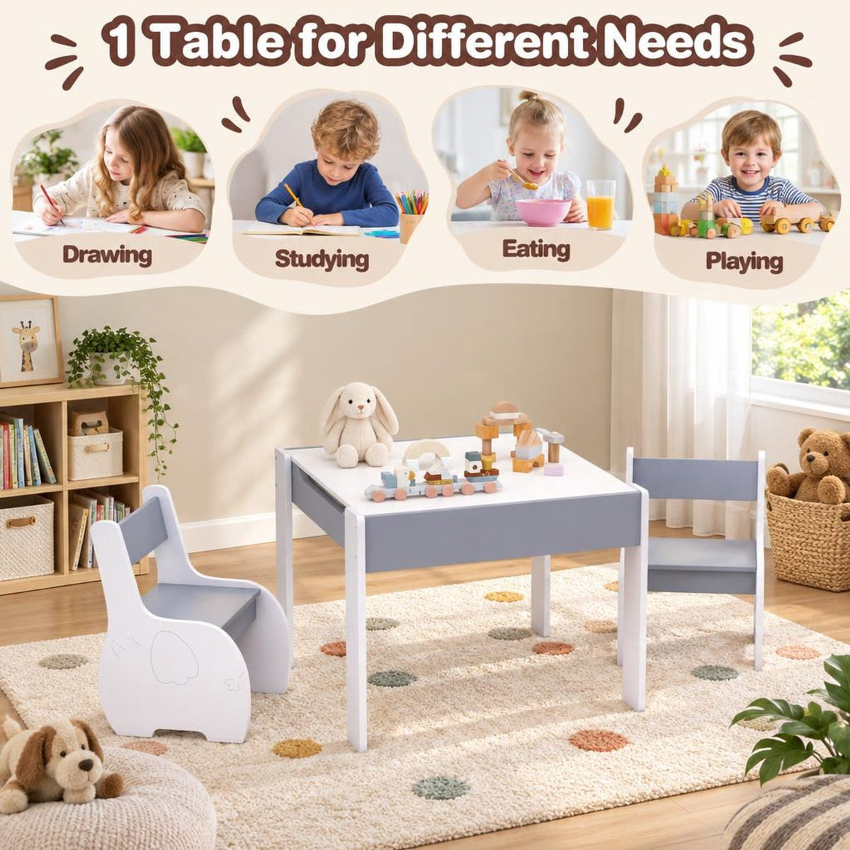 Airfind 4-in-1 Wooden Activity Kids Table and Chairs with Storage and Detachable Blackboard, 66 lbs Capacity, MDF Frame, for 3-6 Years old, Gray