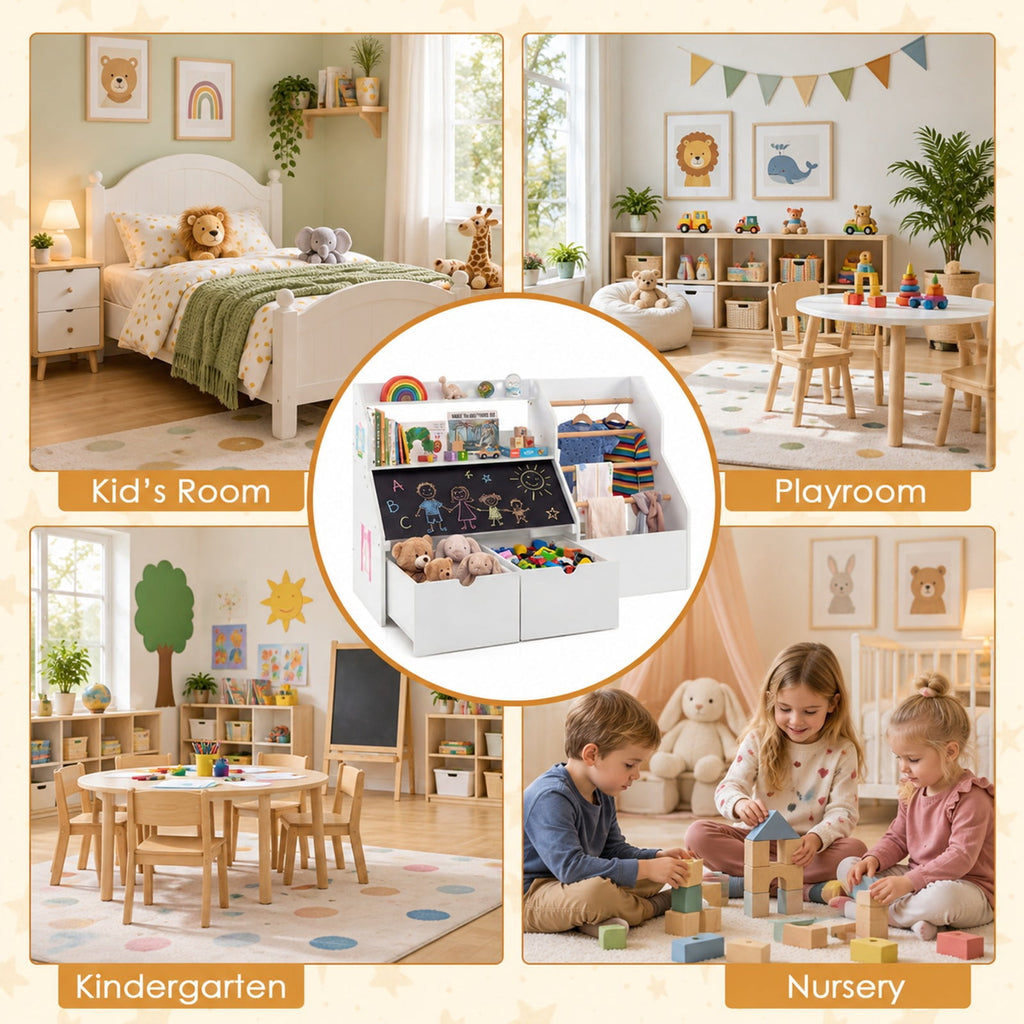 Airfind Kids Toy Storage Organizer with Flip-up Blackboard, Engineered Wood Pine Wood Frame, for 3+ Years Old, 41 Inch x 16 Inch x 28 Inch Footprint, White