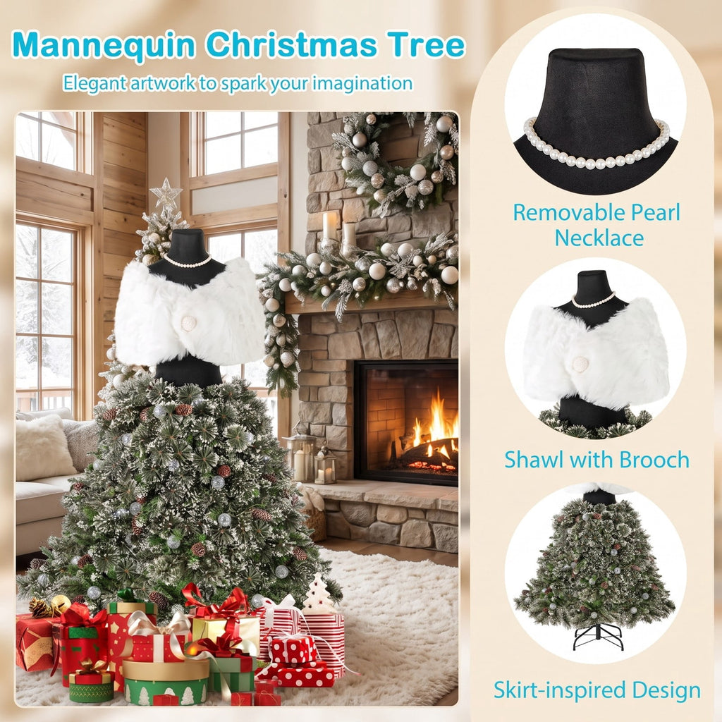 Airfind 5 FT Pre-lit Mannequin Artificial Christmas Tree Hinged Dress Form Xmas Tree with 465 Branch Tips, Green and White