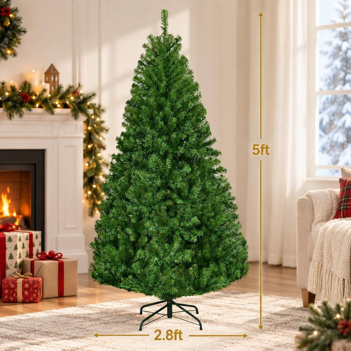 Airfind Artificial Premium Hinged Christmas Tree-5 ft, PVC Frame, 0.9in x 1.6in x 2in Footprint, Green Adapter: UL-certified