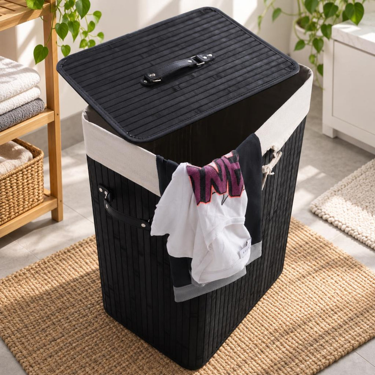 Airfind Rectangle Bamboo Hamper Laundry Basket Washing Cloth Bin Storage Bag Lid 3 color, Bamboo and polyester cotton Frame, Black