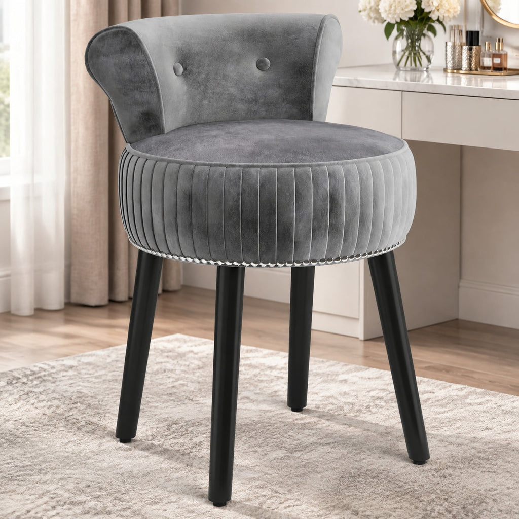 Airfind Velvet Vanity Chair with Back Upholstered Vanity Stool with Tufted Low Back and Solid Wood Legs, 234 lbs Capacity, Rubber Wood Frame, Gray