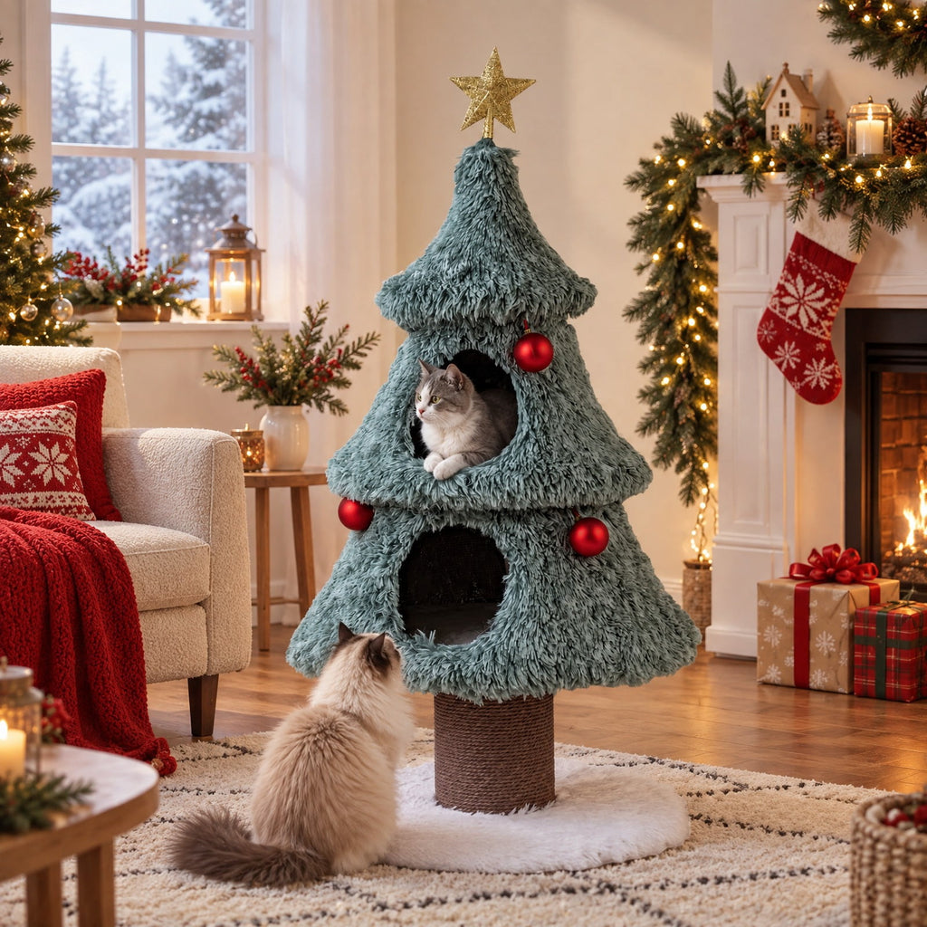 Airfind Christmas Cat Tree for Indoor Cats 48.5 inch Cute Cat Tower with 2 Large Condos Scratching Post, Engineered Wood Jute Rope Plush Frame