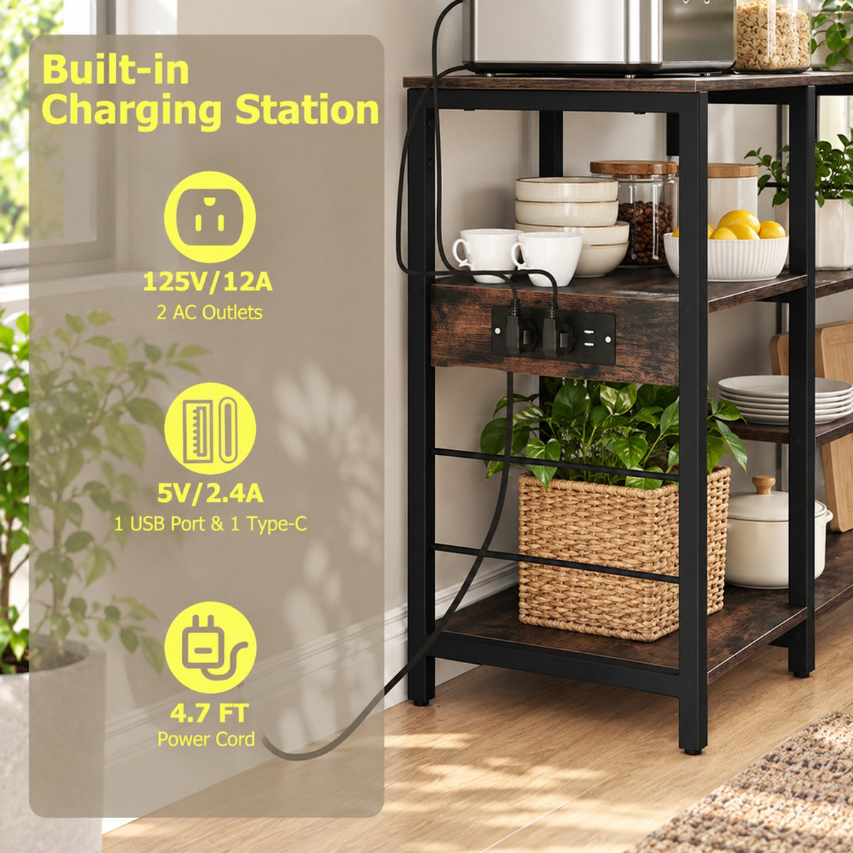 Airfind Kitchen Bakers Rack with Power Outlet 5-Tier Microwave Oven Stand with LED Lights, Top Shelf 4.5 lbs Capacity, Engineered Board Metal Frame