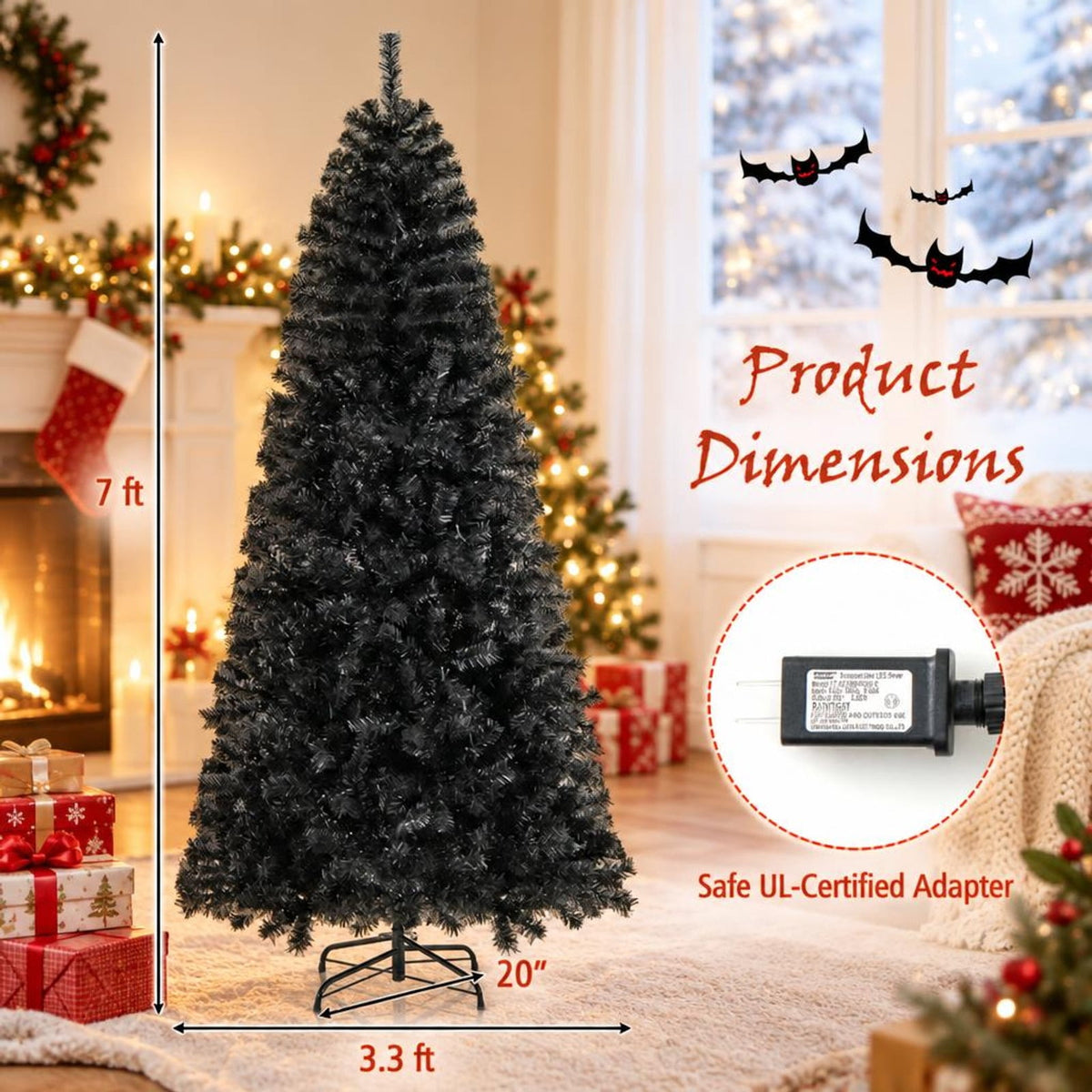 Airfind 6/7 FT Artificial Christmas Tree with Bendable Top Section and Warm Light-7 ft, PVC Metal Frame, 3 x 6/3.3 x 7 ft Footprint, Black