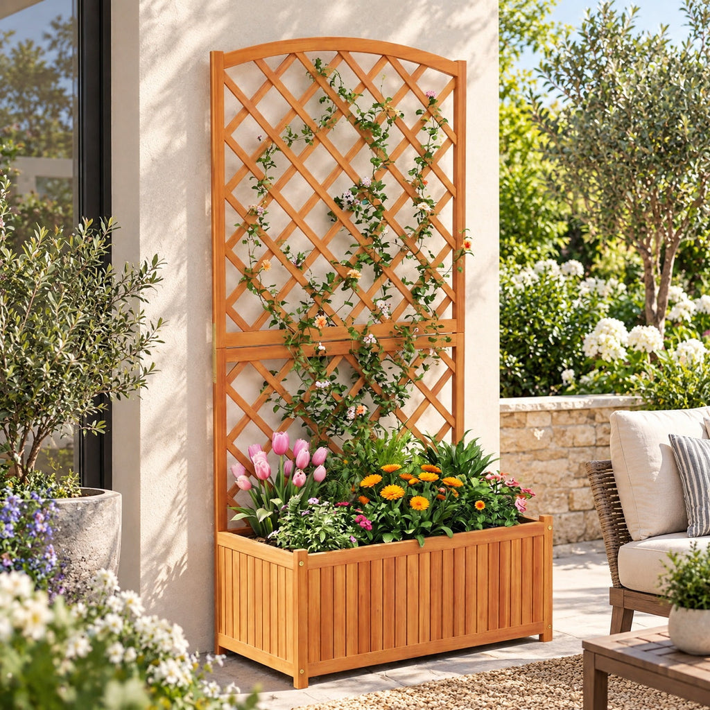 Airfind Wooden Raised Garden Bed with Trellis 63 Inch Tall Garden Planter, 80 kg Capacity, Acacia Wood Frame, 31.5 x 15.7 x 63 Footprint, Natural