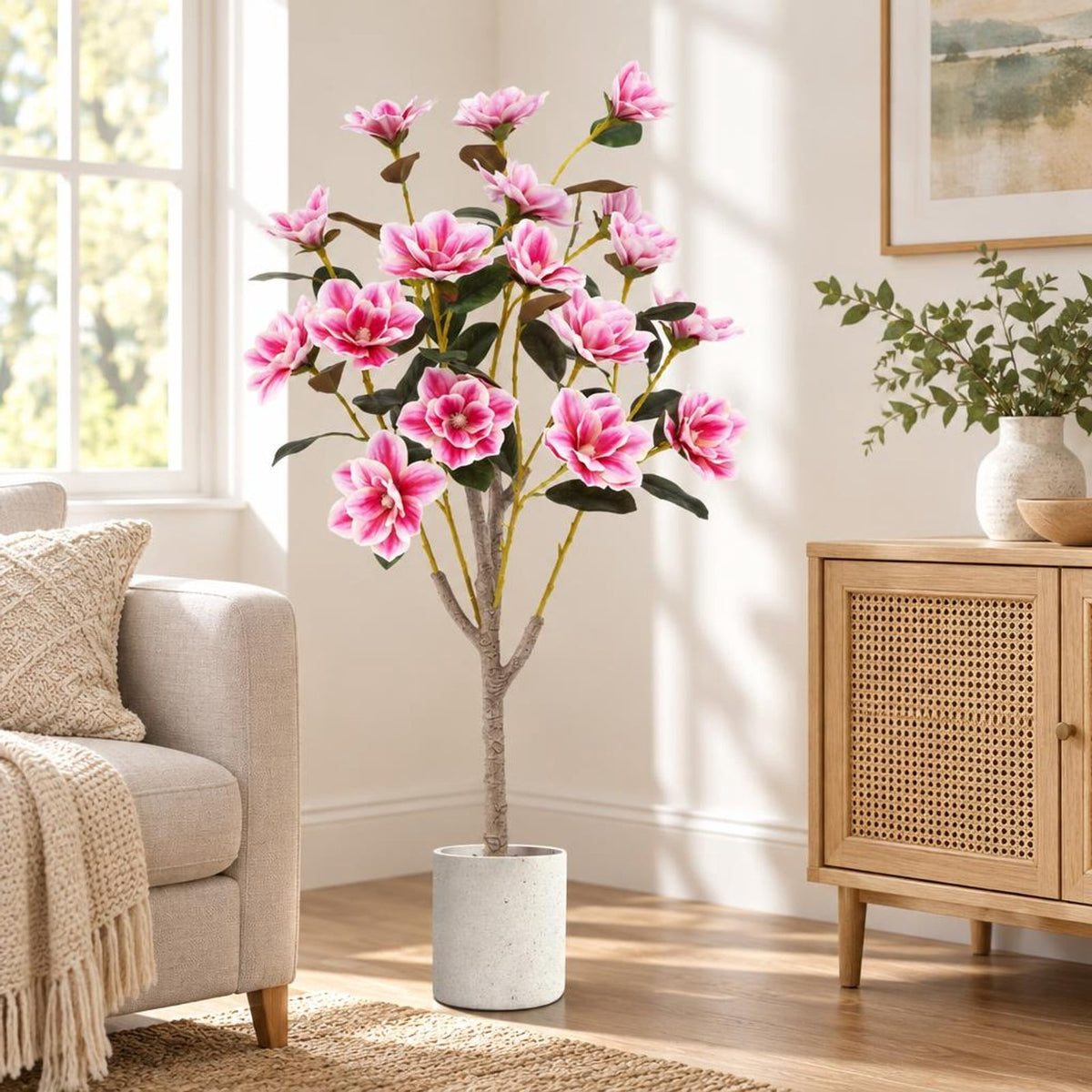 Airfind Faux Wedding Flower Plant with Elegant PEVA Leaves and Multi-branch Trunks, PEVA PE PP Cement Tree Height 51 Inch Flowerpot, Pink