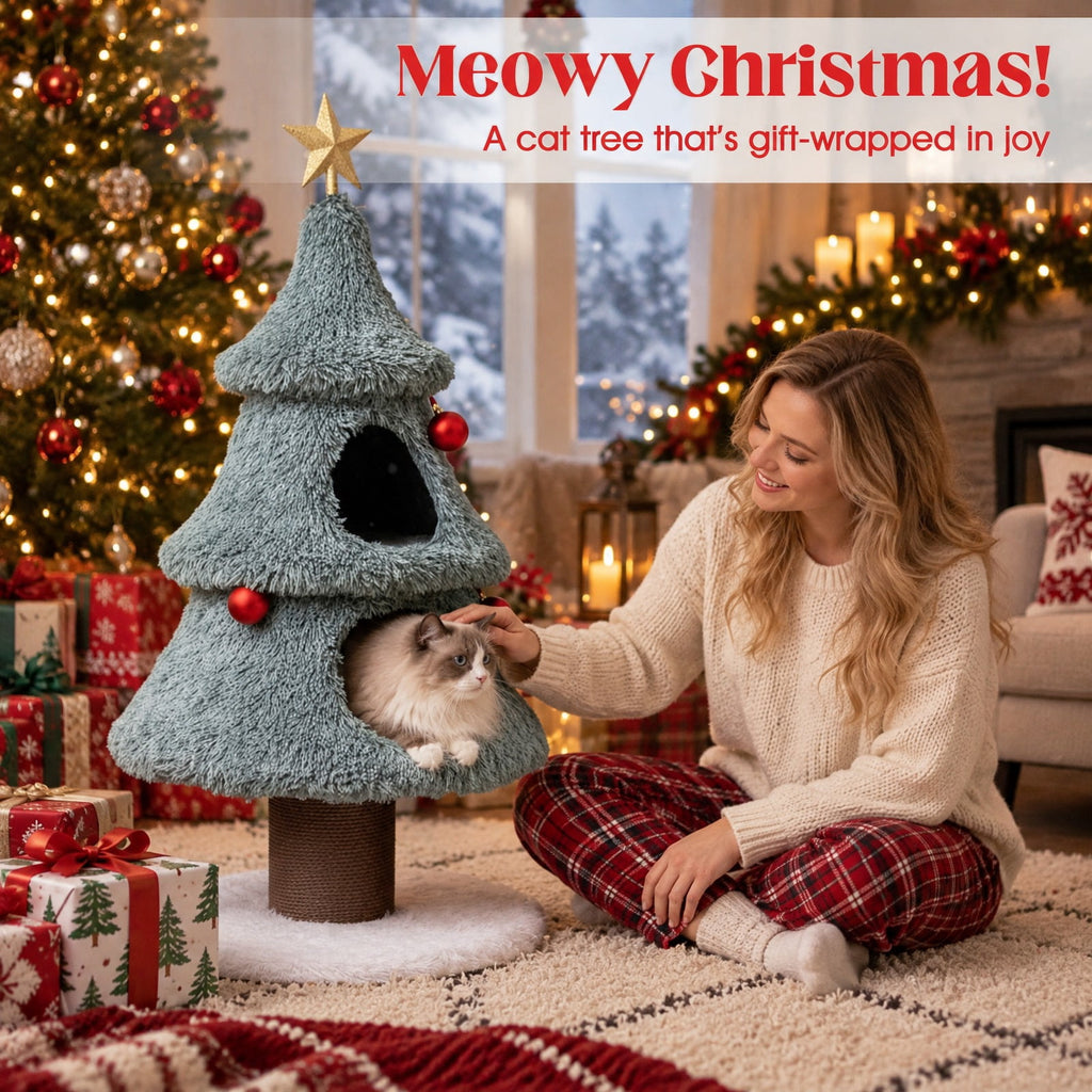 Airfind Christmas Cat Tree for Indoor Cats 48.5 inch Cute Cat Tower with 2 Large Condos Scratching Post, Engineered Wood Jute Rope Plush Frame