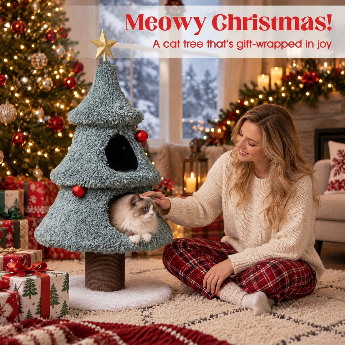 Airfind Christmas Cat Tree for Indoor Cats 48.5 inch Cute Cat Tower with 2 Large Condos Scratching Post, Engineered Wood Jute Rope Plush Frame