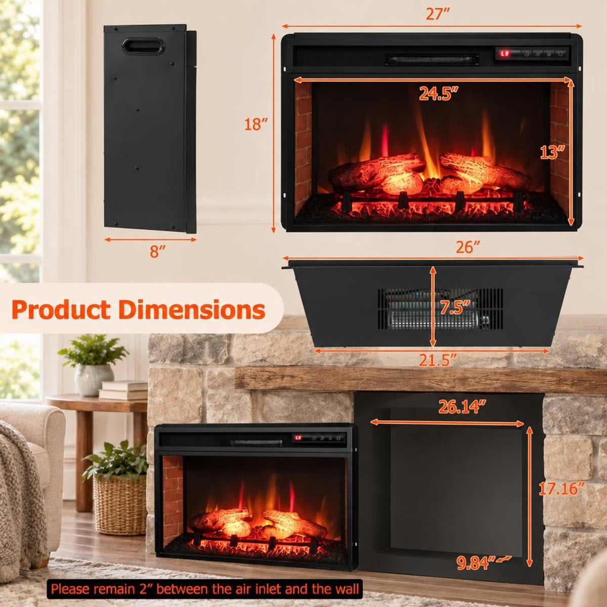 Airfind 26 Inch Infrared Electric Fireplace Insert with Remote Control, Metal Tempered Glass Frame, Black