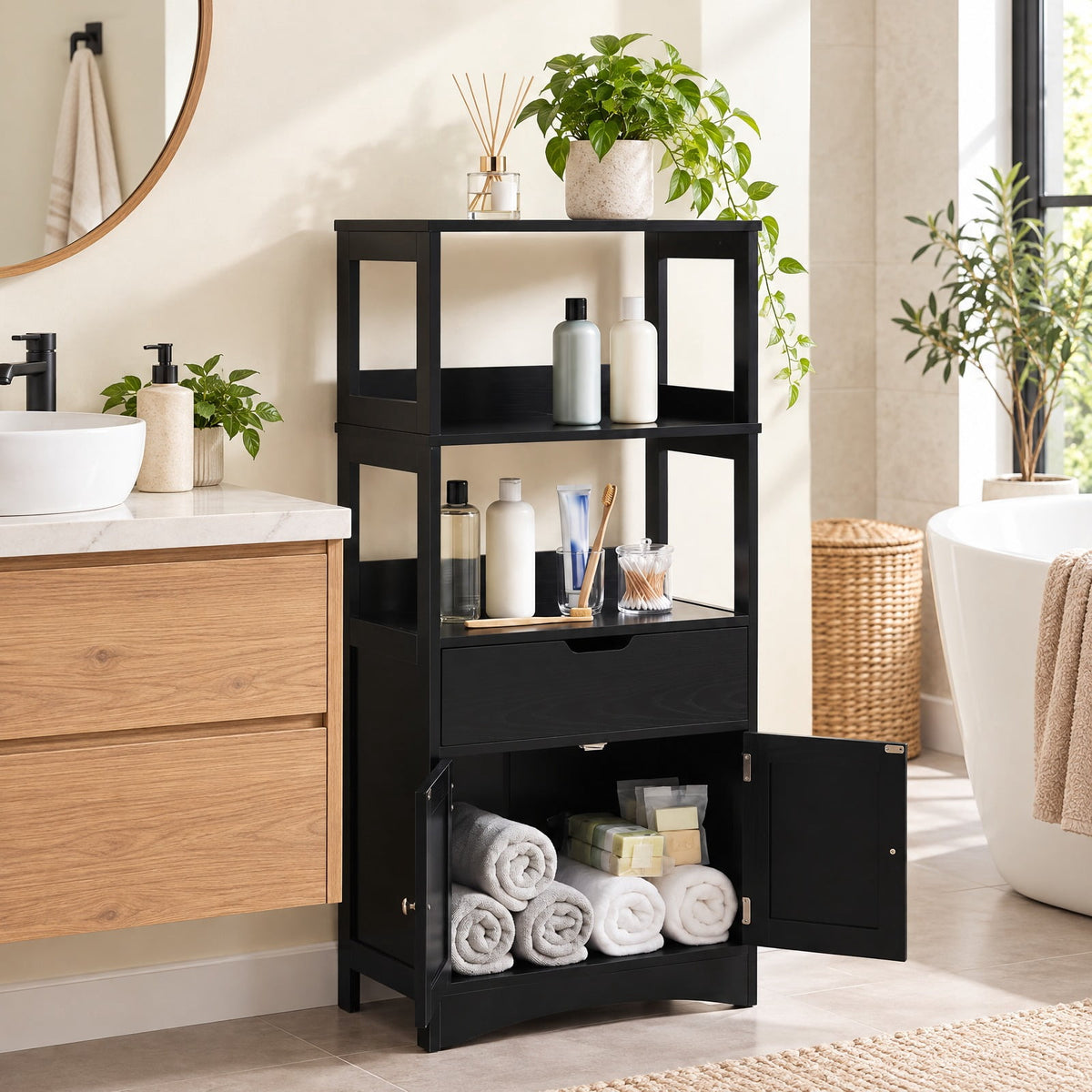 Airfind Bathroom Storage Cabinet with Drawer and Shelf Floor Cabinet, 20 lbs Capacity, MDF PB Frame, Black