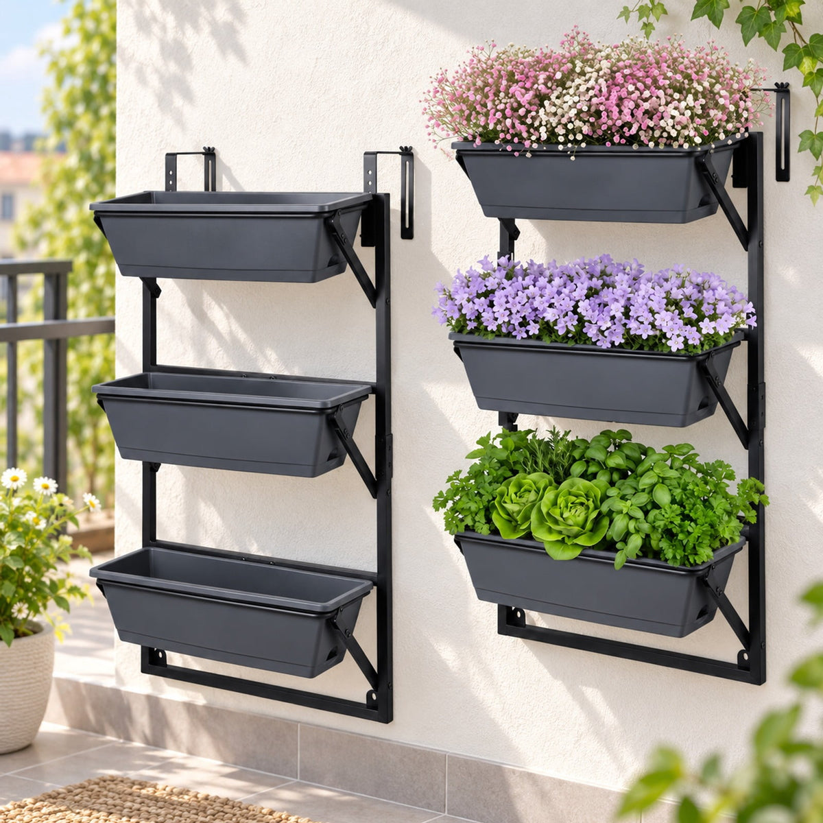 Airfind Deck Railing Planter Boxes with Adjustable Brackets and 3-Tier Design for Porch Patio, Black, Side holes make it easy to add and drain water