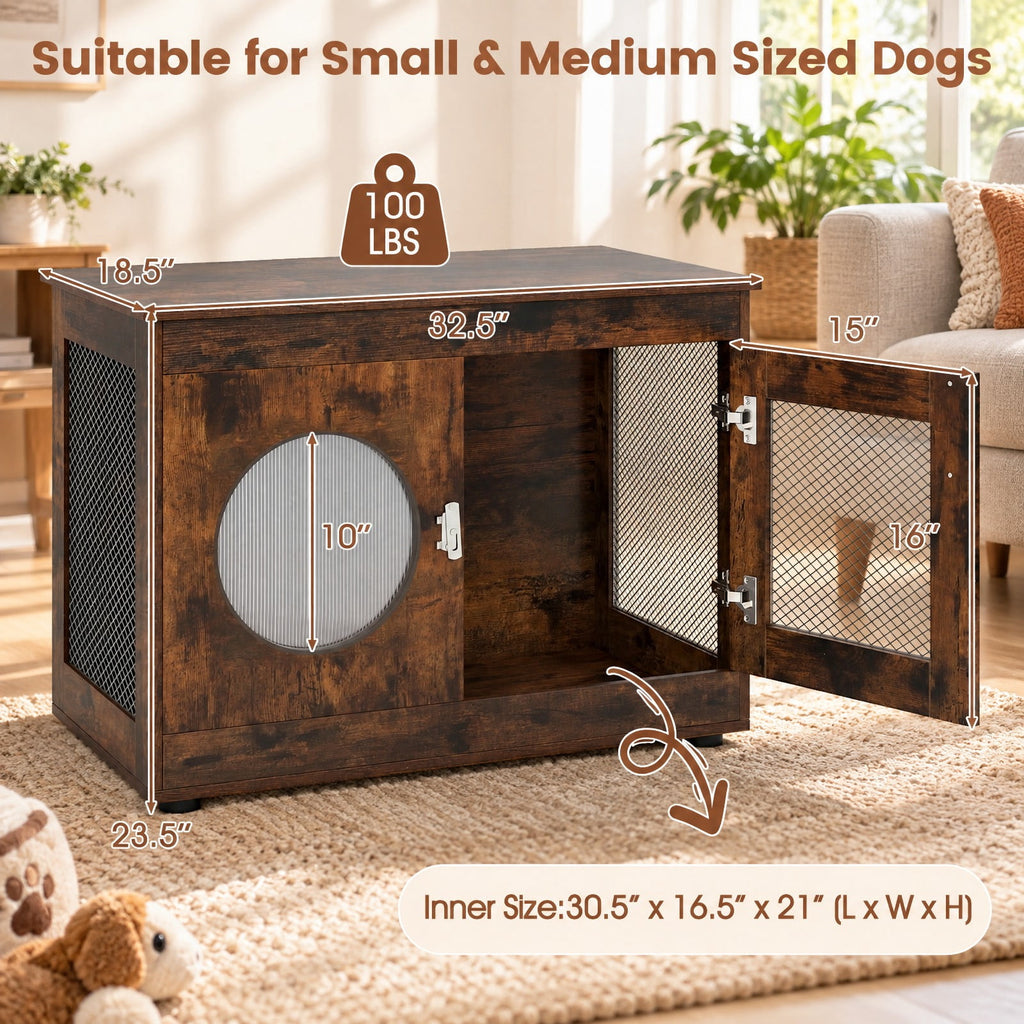 Airfind Furniture Style Dog Crate for Small and Medium Dogs with Translucent Window and Lockable Door, 88 lbs Capacity, Brown