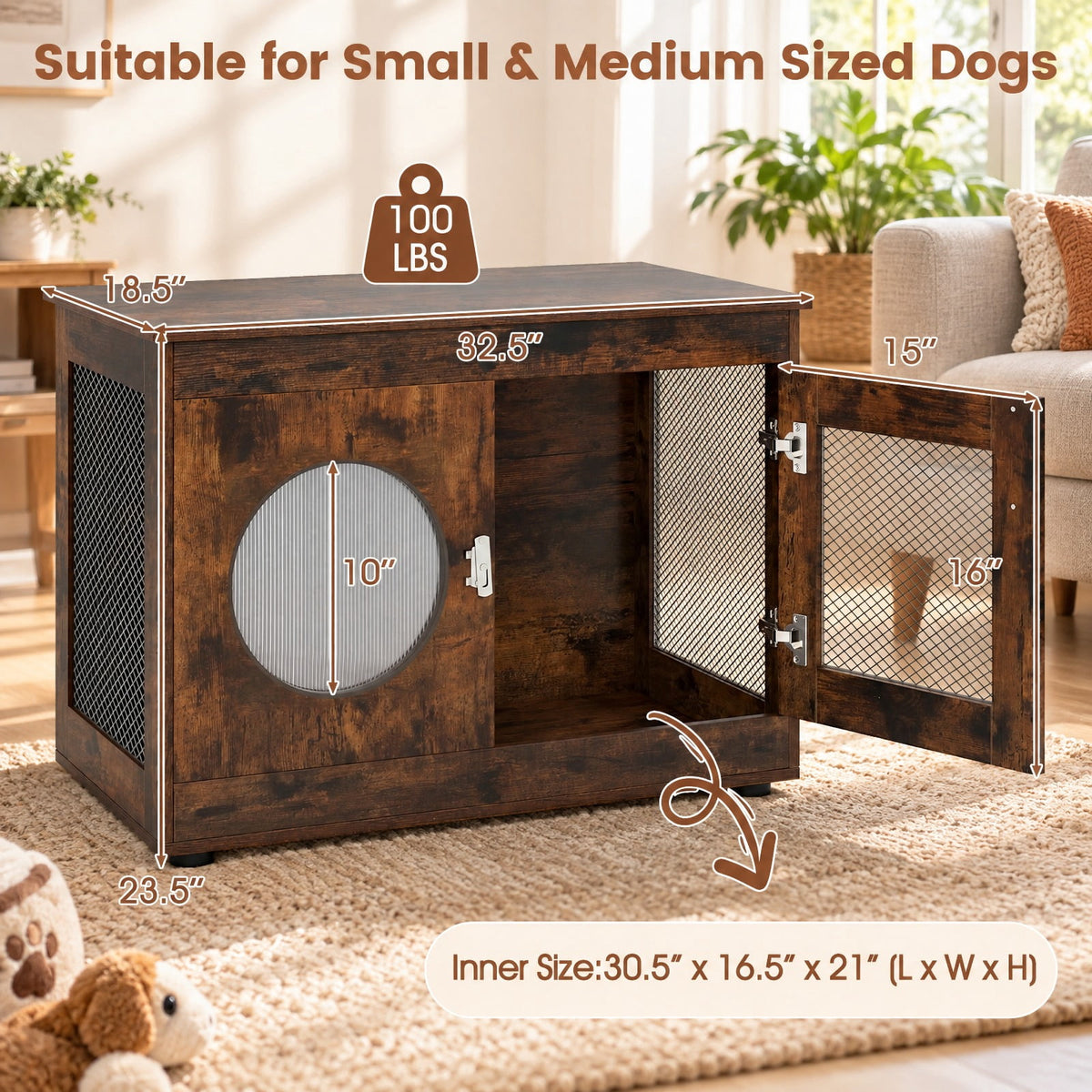 Airfind Furniture Style Dog Crate for Small and Medium Dogs with Translucent Window and Lockable Door, 88 lbs Capacity, Brown