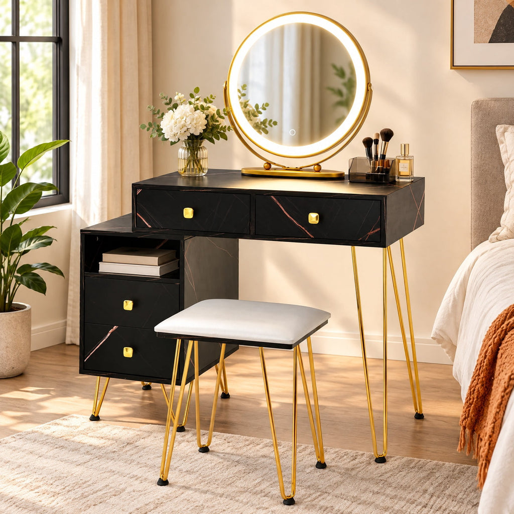 Airfind Modern Dressing Table with Storage Cabinet, 88 lbs Capacity, Steel plywood wood sponge glass Frame, 31.5in x 16in x 30in Footprint, Black