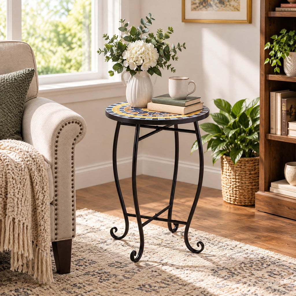 Airfind 14 Inch Floral Clover/Blooming Lotus/Bright Sunflower Mosaic Patio Accent Coffee End Table, 35 lbs Capacity, Metal Frame, 14 Inch x 20 Inch Footprint