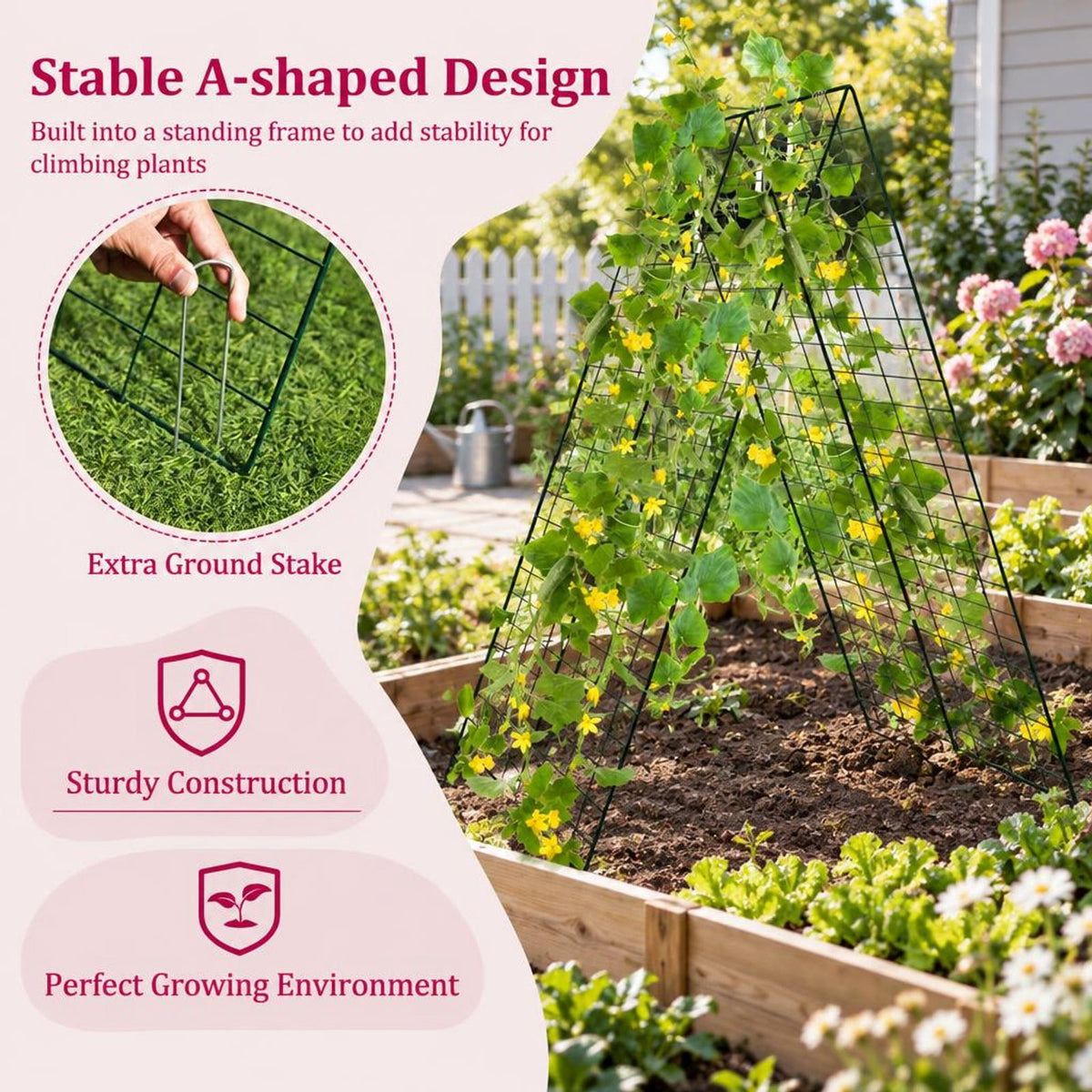 Airfind A-Frame Garden Trellis for Climbing Plant with Ground Stake and Cable Tie, Steel PP Frame, Green