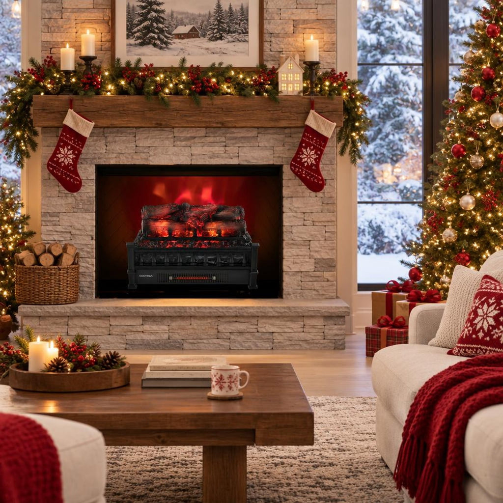 Airfind 20 Inch Electric Fireplace Heater with Realistic Pinewood Ember Bed, Black, Easy to operate with functional control panel