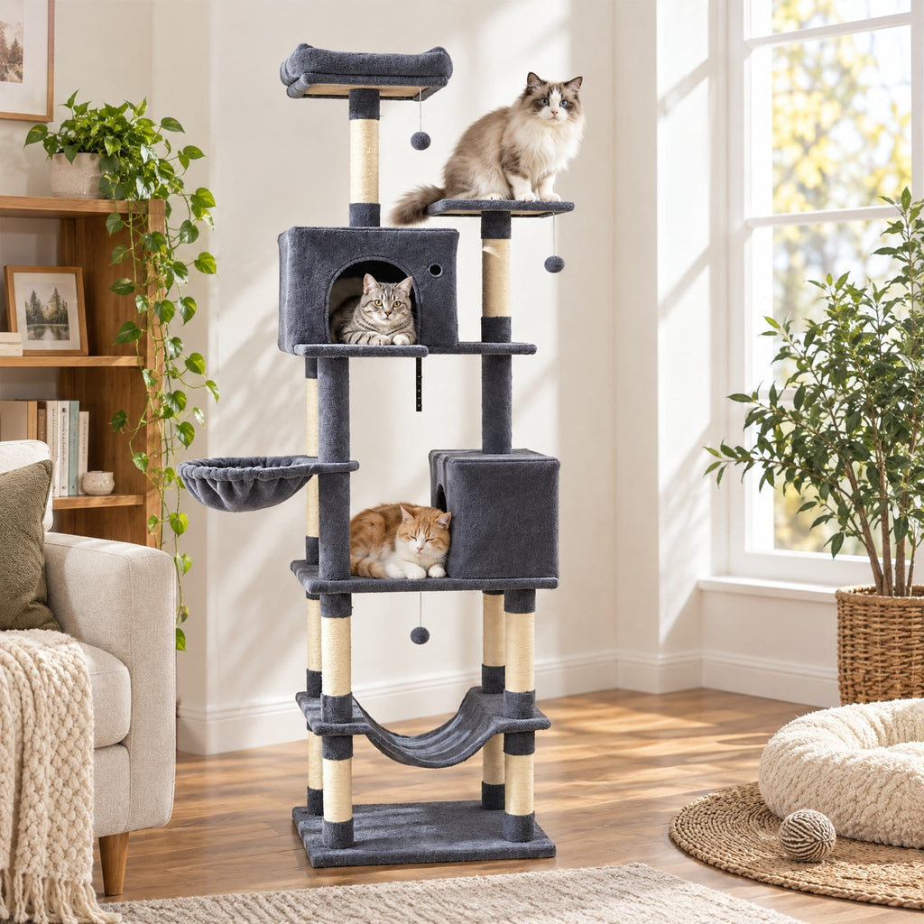 Airfind 80 Inches Tall Cat Tree with 2 Large Condos and Dangling Toys, 33 lbs Capacity, Engineered Board Sisal Plush Fabric Sponge Frame, Dark Gray