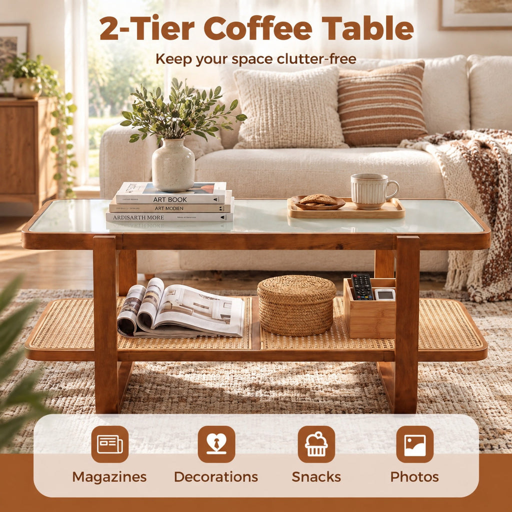 Airfind Coffee Table, Rattan Table with Tempered Glass Top and Storage Shelf, 220 lbs Capacity, Tempered Glass PE Rattan Plywood Frame, Walnut