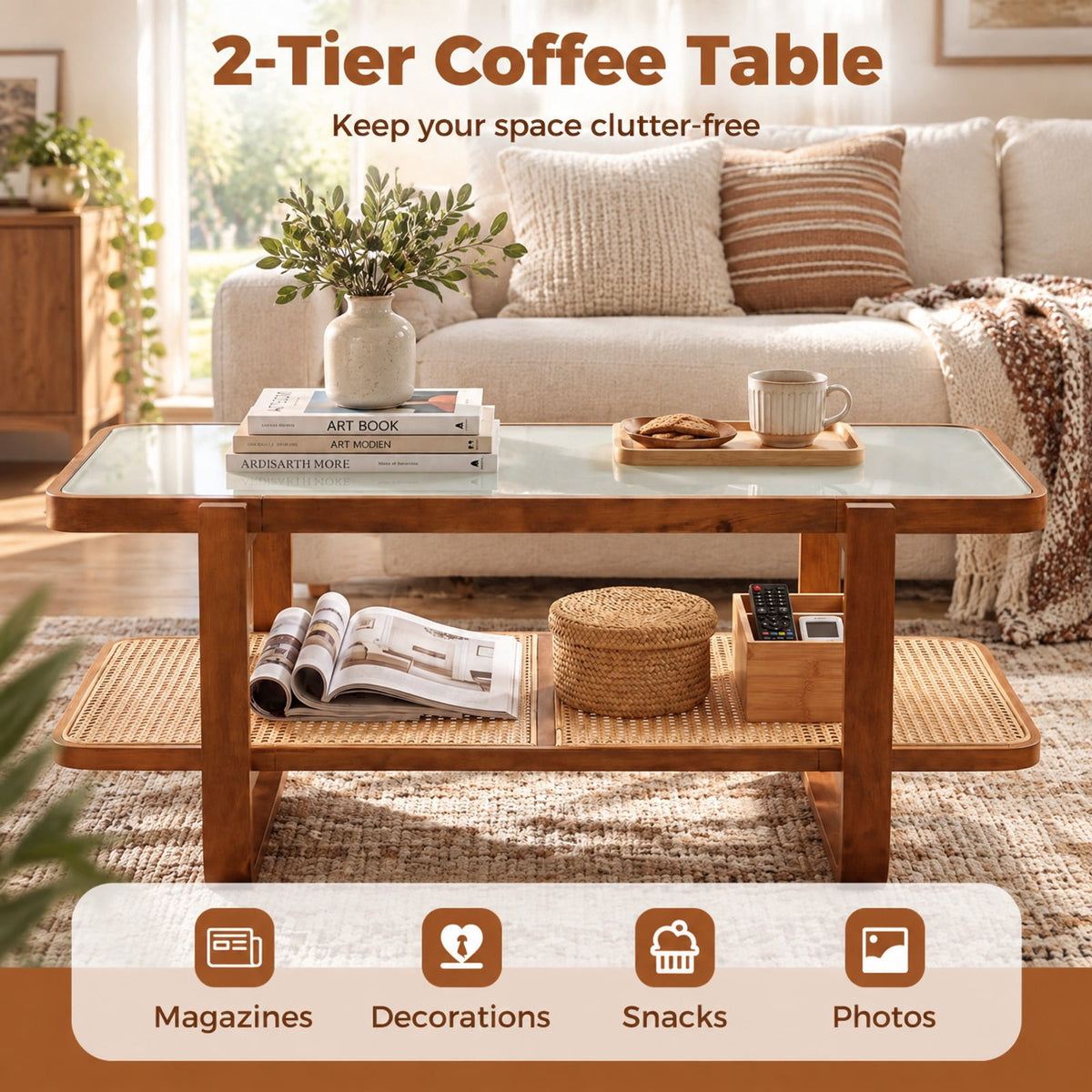 Airfind Coffee Table, Rattan Table with Tempered Glass Top and Storage Shelf, 220 lbs Capacity, Tempered Glass PE Rattan Plywood Frame, Walnut