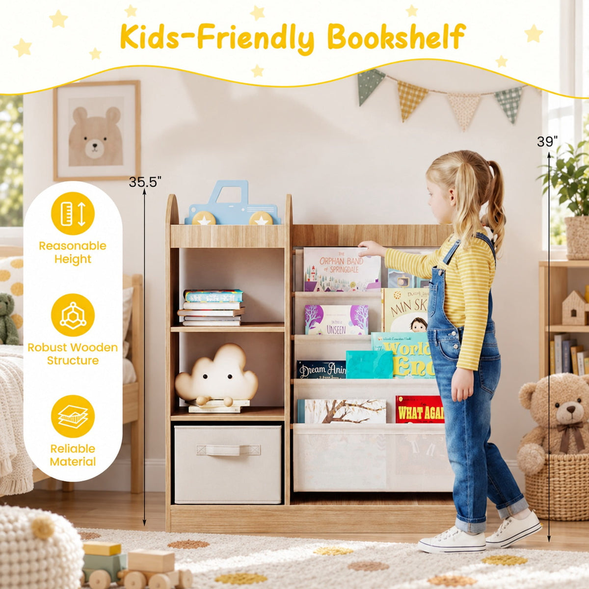 Airfind Toy Storage Organizer with 4-Tier Sling Shelves, 22 lbs Capacity, MDF Pine Wood Fabric Frame for Everyday Use, Natural