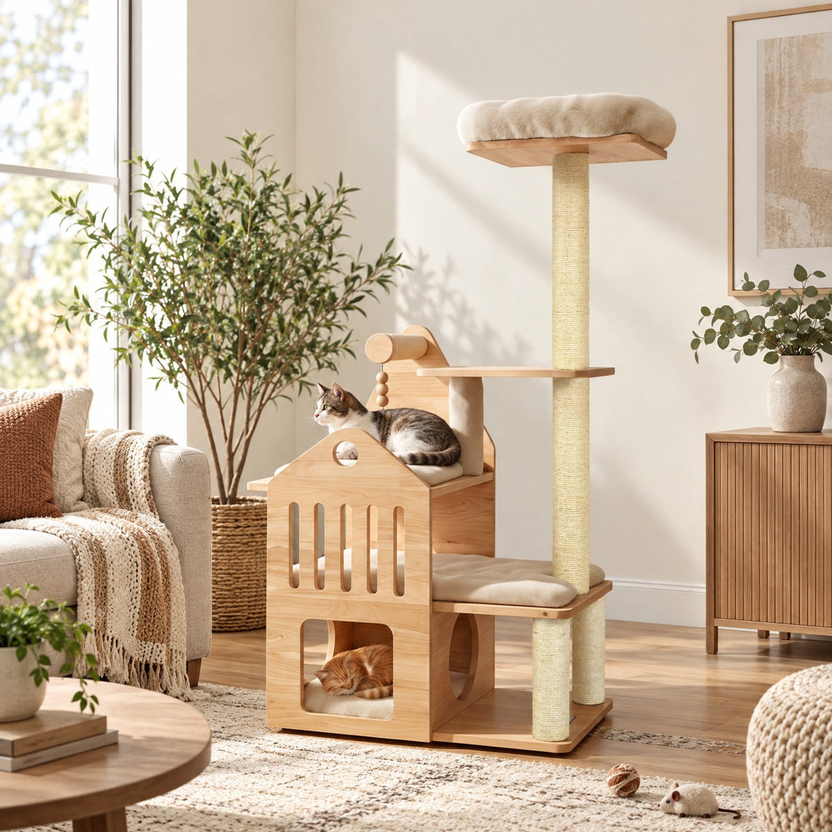 Airfind 48.5in Multi-Level Solid Wood Cat Tree for Indoor Cats with Padded Top Perch Cat Condo and Sisal Scratching Posts, Beige
