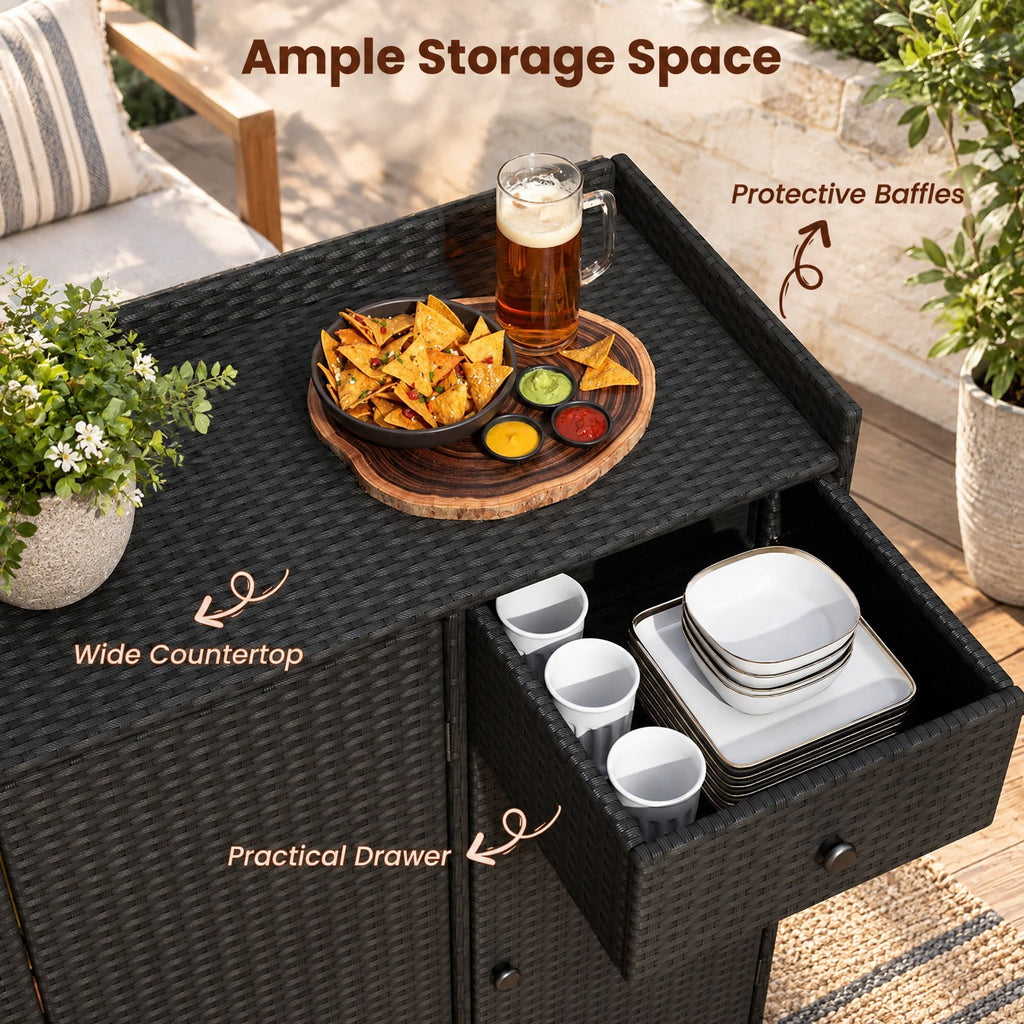 Airfind 3 Doors Outdoor PE Wicker Storage Cabinet for Deck, 110 lbs Capacity, PE Rattan Metal Frame, 48 x 17 x 40 Footprint, Black