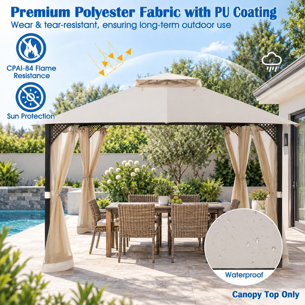Airfind 10 x 12 Feet Gazebo Replacement Top with Air Vent and Drainage Holes, Polyester Frame, 12 ft x 10 ft Footprint, Beige
