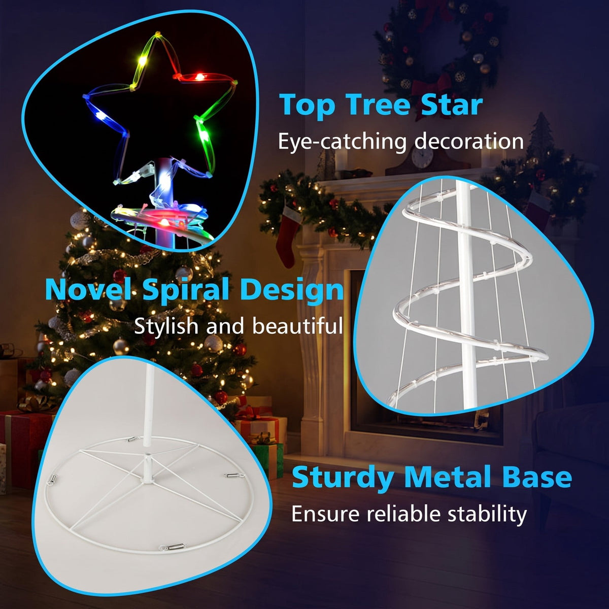 Airfind 6 Feet Light Up Spiral Christmas Tree with Tree Top Star, PVC Metal Tree Height: 6 ft Tree Width: 21.5in Frame, White