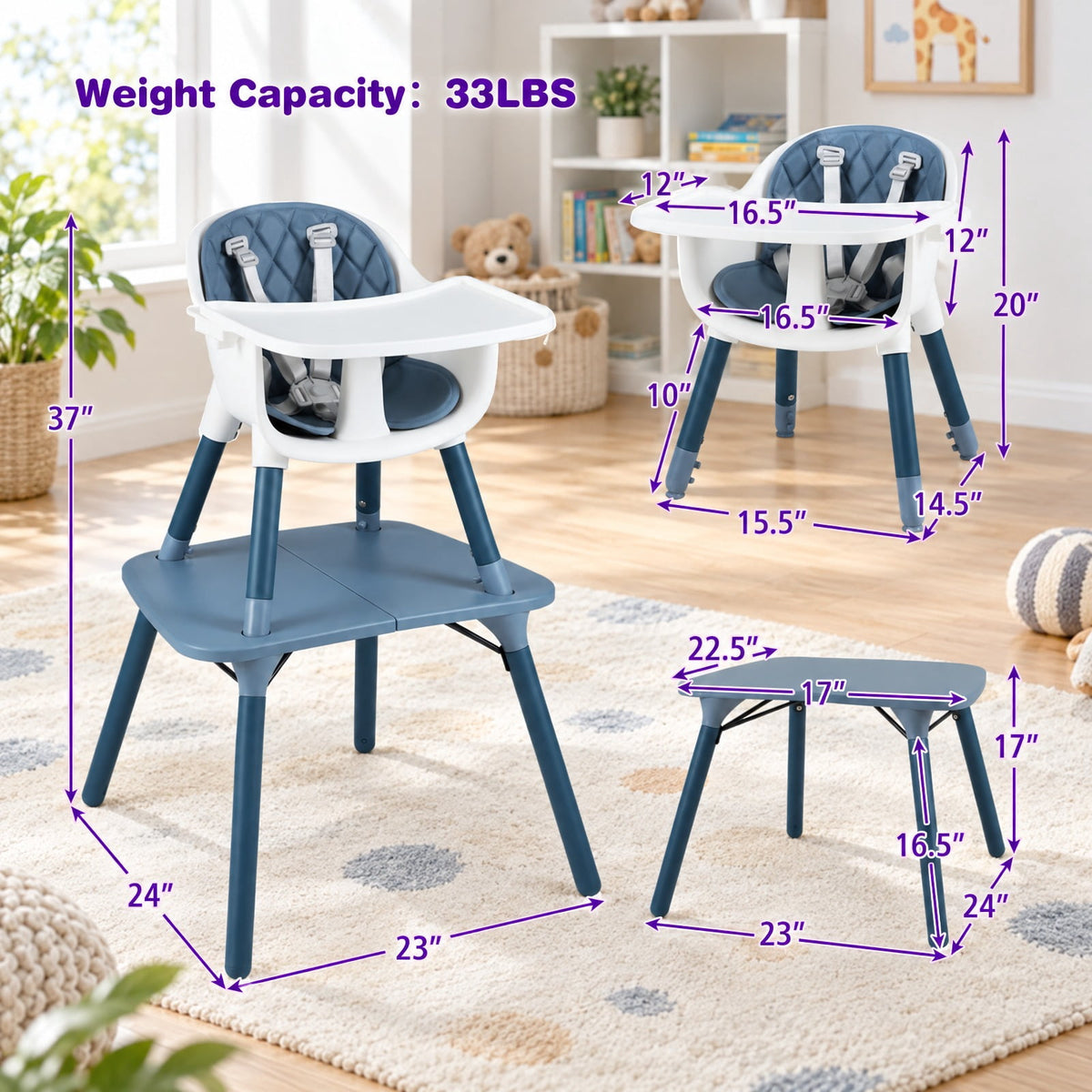 Airfind 4-in-1 Youth Convertible Youth Table Chair Set featuring PU Cushion, 33 lbs Capacity, PU PP Metal Frame, for 6-36 Months, Blue