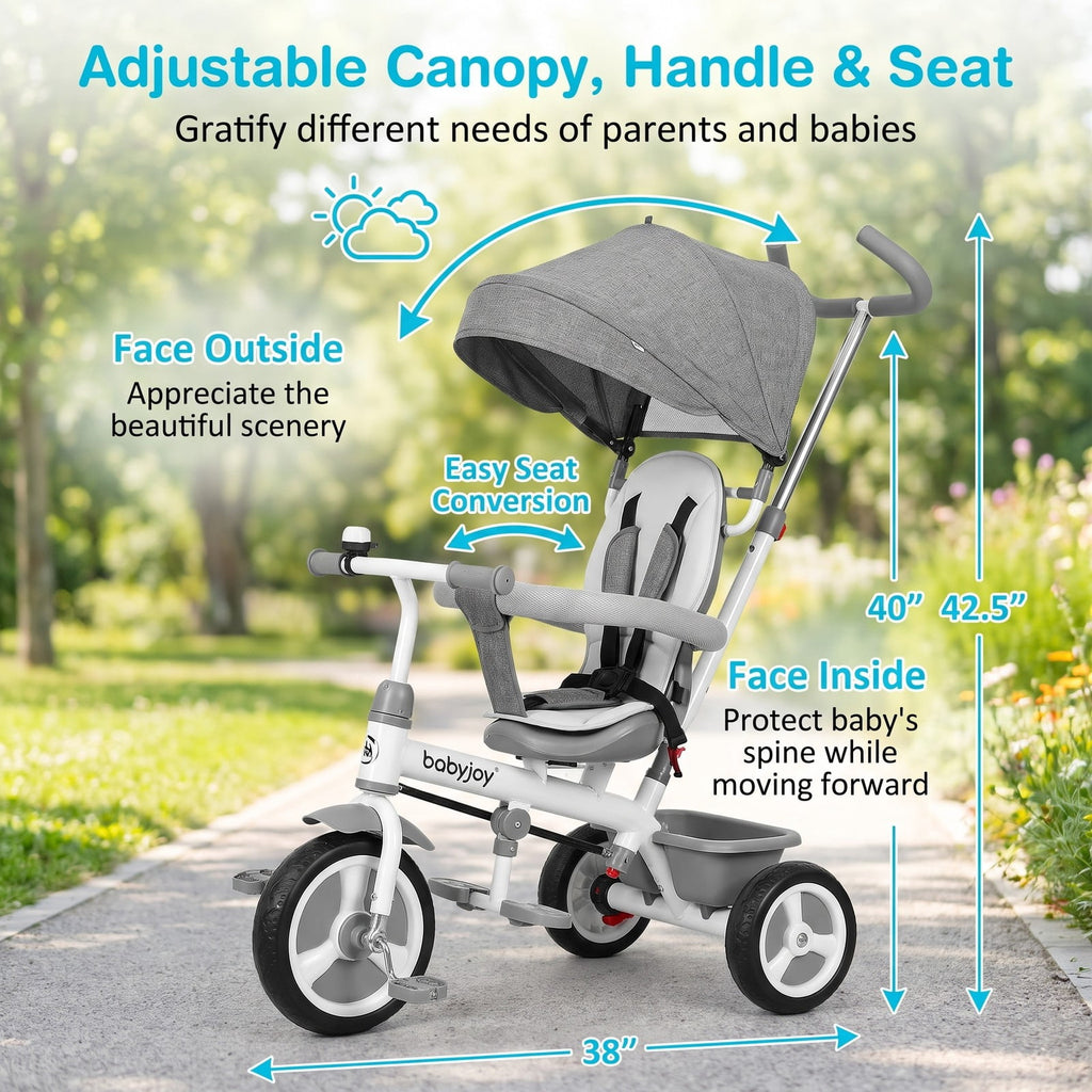 Airfind Folding Tricycle Baby Stroller with Reversible Seat and Adjustable Canopy, 55 lbs Capacity, Metal PP Linen Fabric Rubber Frame, Gray