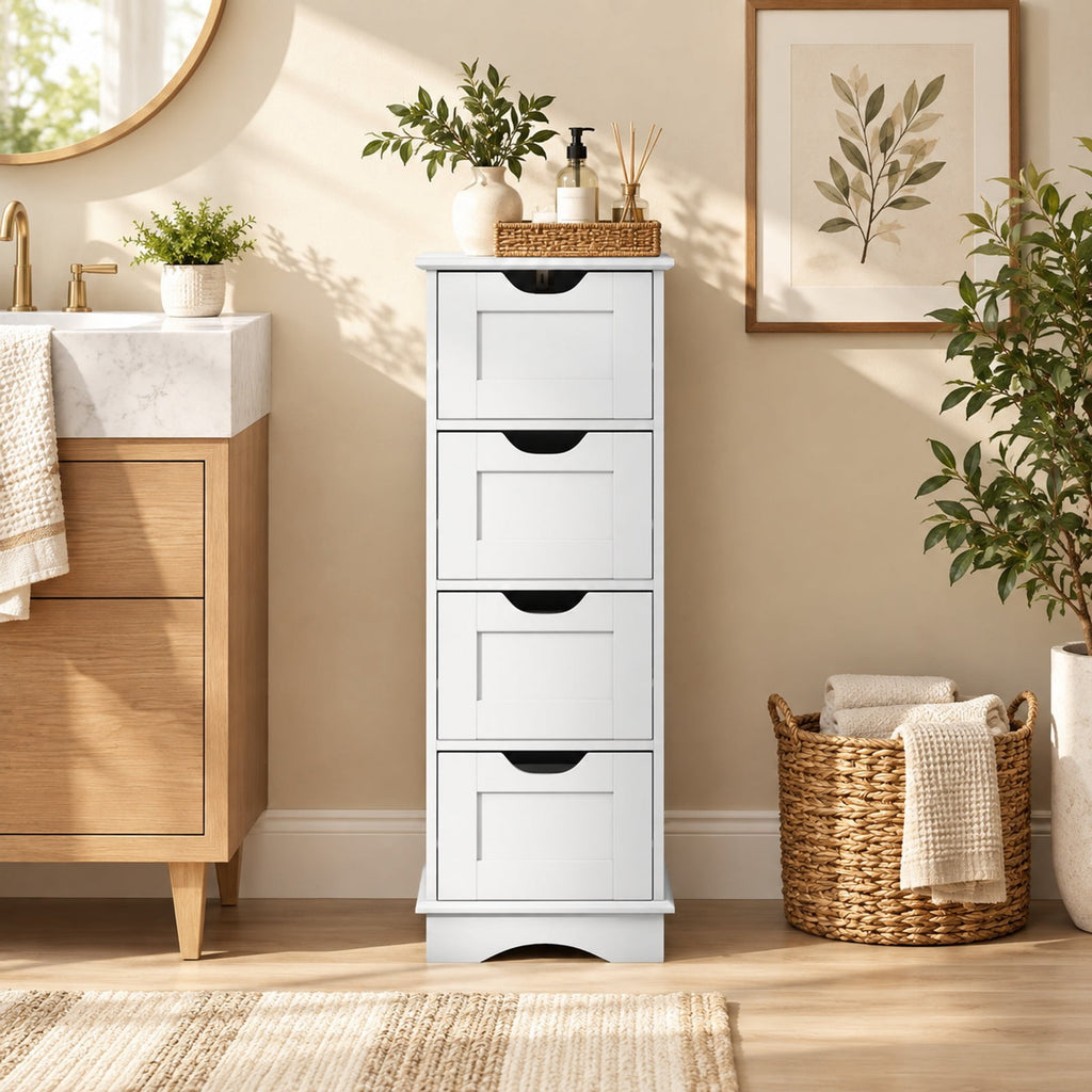 Airfind Bathroom Storage Cabinet featuring Cutout Handles and 4 Drawers, 33 lbs Capacity, MDF Frame, 12 Inch x 12 Inch x 32 Inch Footprint, White