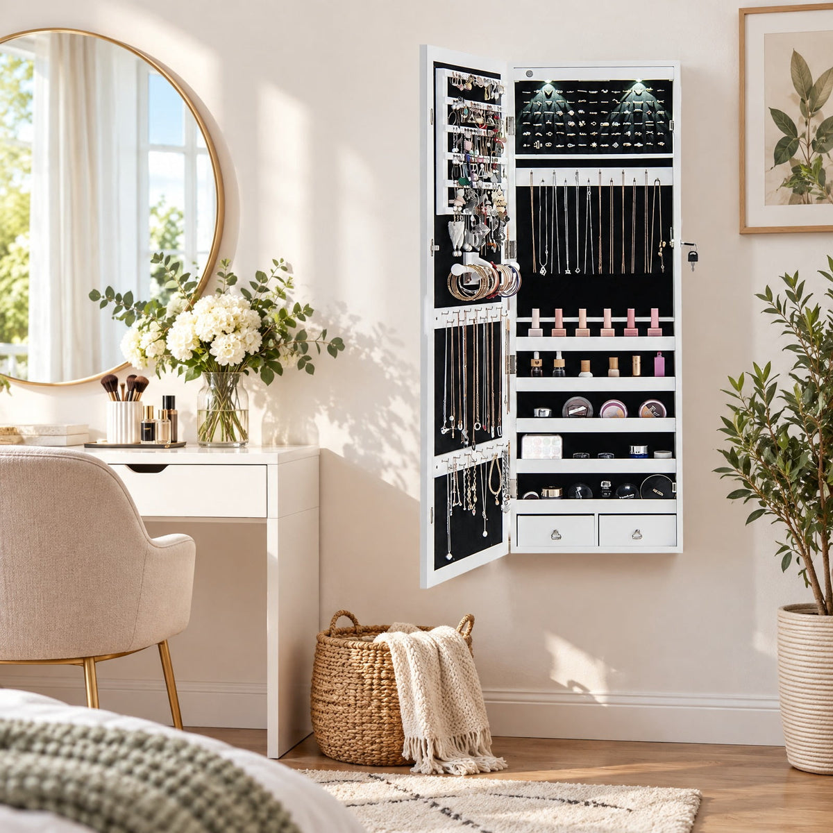 Airfind Lockable Wall Mount Mirrored Jewelry Cabinet with LED Lights, MDF Type: Wall/Door mounted Frame, 14.6 Inch x 3.8 Inch x 43.3 Inch Footprint, White